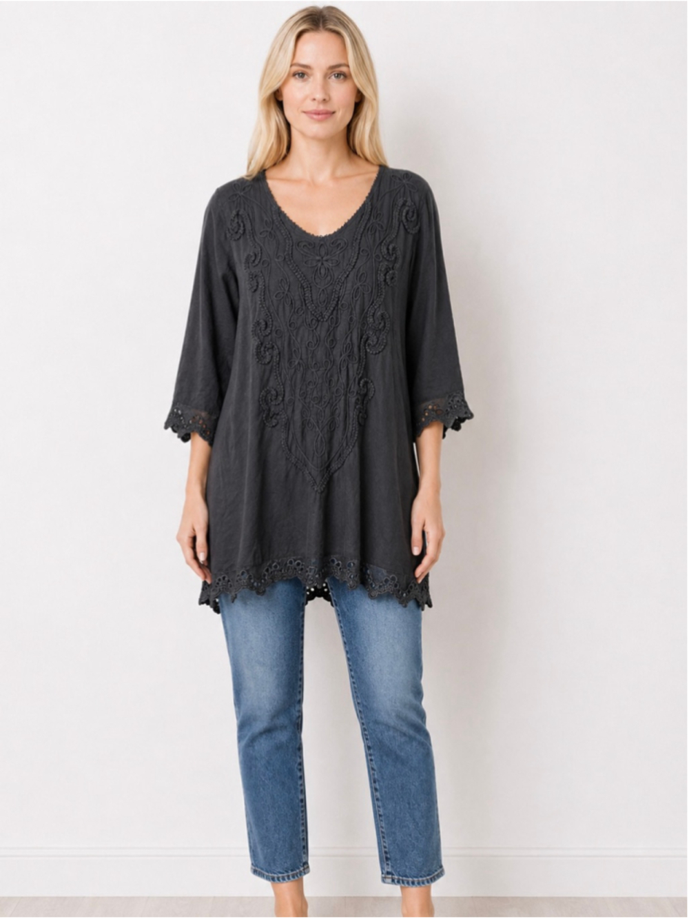 Gretty Zueger Peruvian Cotton Embroidered Top Black Tunic Artisan Size XS